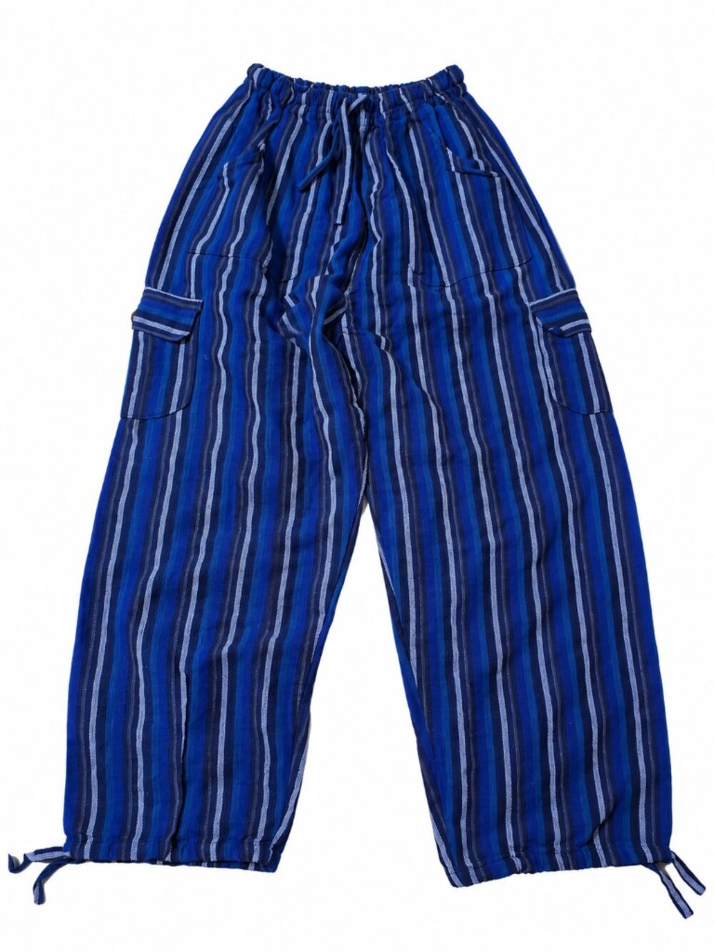 Women's Blue Striped Wide Leg Cargo Pants Drawstring Size M